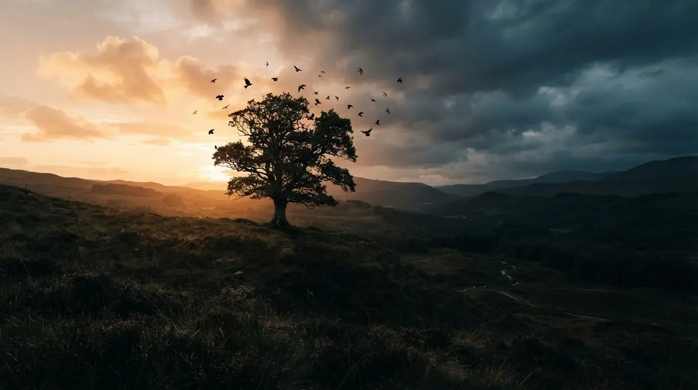 Illustrative lone tree in a landscape divided between warm light and dark clouds