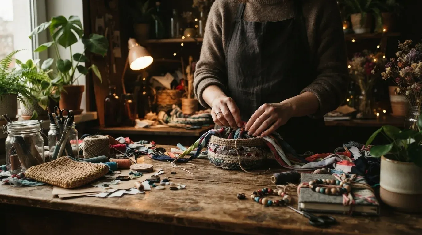 Campaign artwork showing hands weaving fabric scraps at a worktable