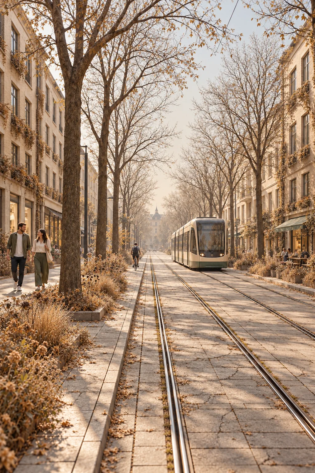 Imagined degraded city street with sparse vegetation