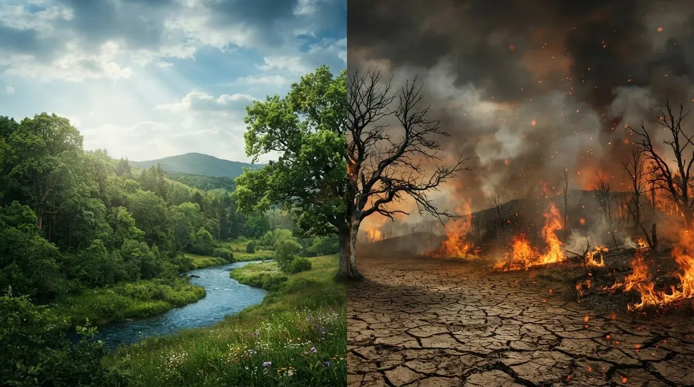 An imagined landscape divided between thriving woodland and a damaged, burning environment