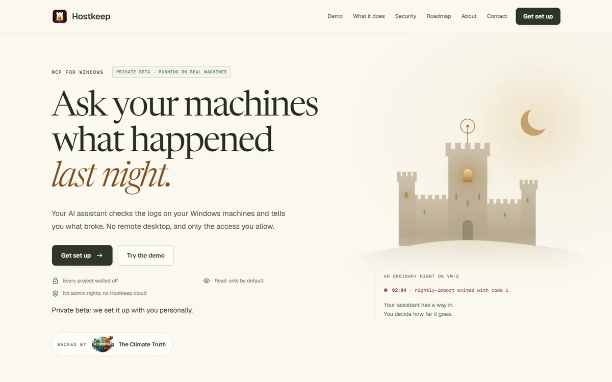 Homepage of the Hostkeep website